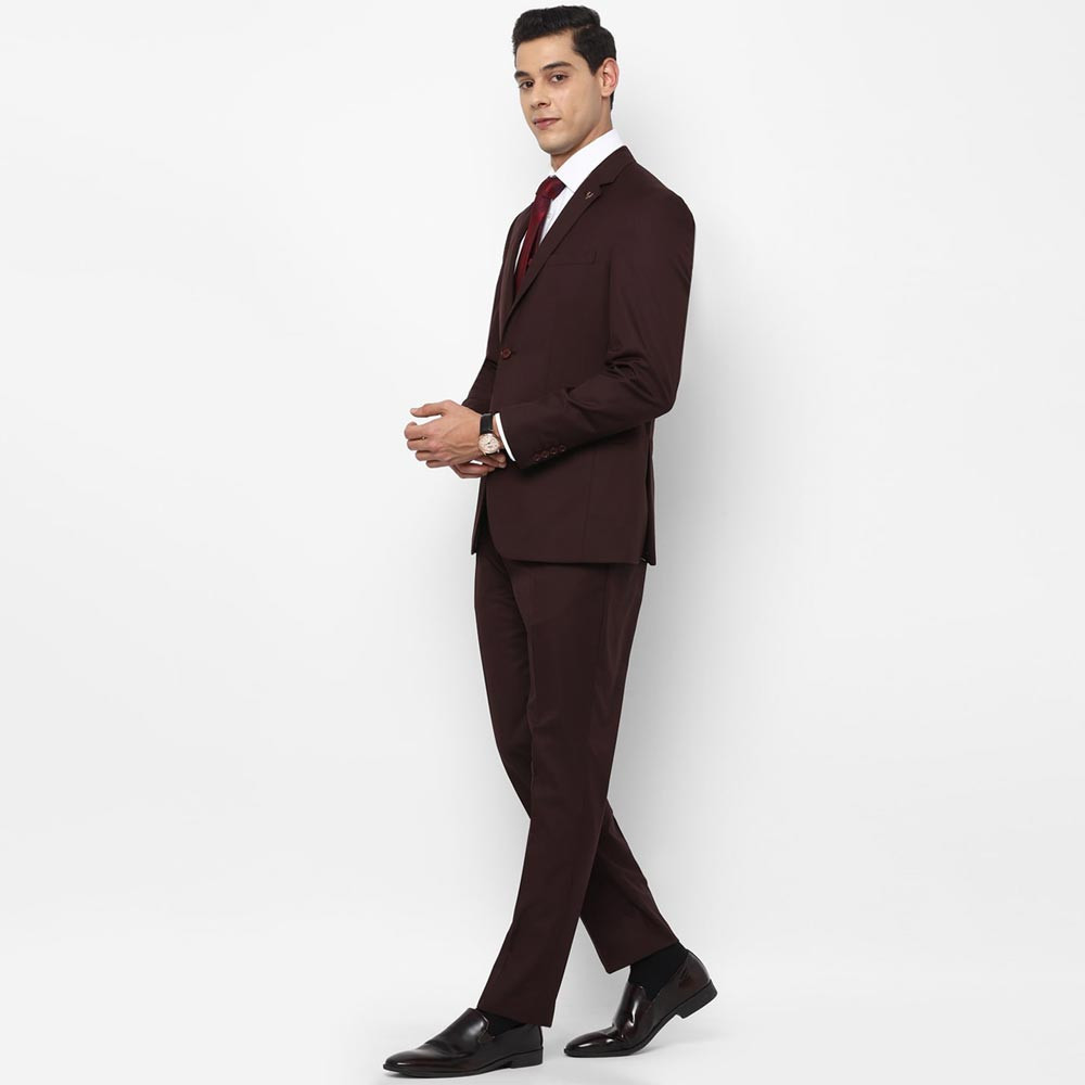 Men Brown Self Design Single-Breasted Slim-Fit 3-Piece Formal Suit