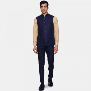 Men Navy Blue Solid Linen Bandhgala Formal Suit