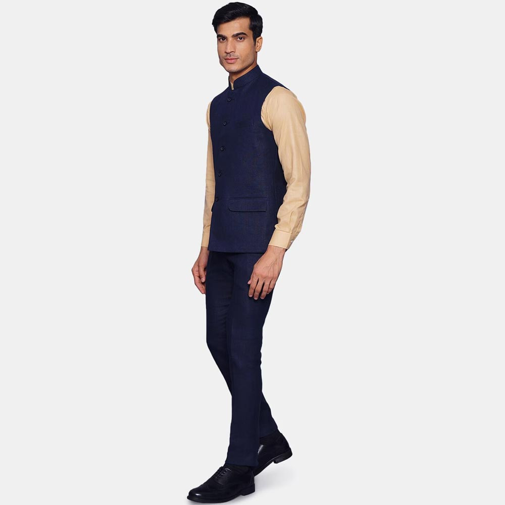 Men Navy Blue Solid Linen Bandhgala Formal Suit