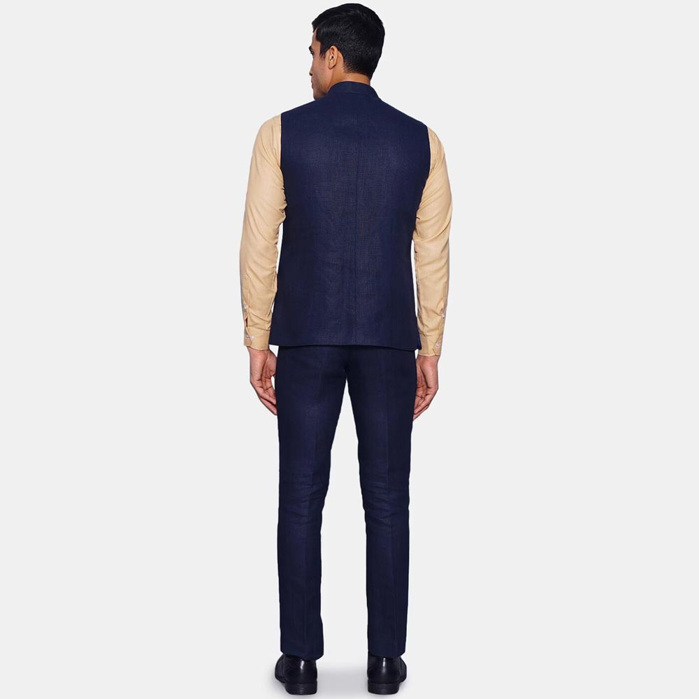 Men Navy Blue Solid Linen Bandhgala Formal Suit