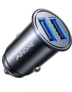 Car Charger, AINOPE Smallest 4.8A All Metal USB Car Charger Fast Charge Car Charger Adapter Flush Fit Compatible with iPhone 14 Pro Max/13/12/11/x/6s, iPad Air 2/Mini 3, Samsung Note 9/S10/S9/S8-Black