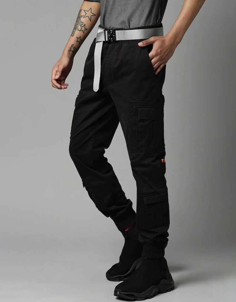 Men Black Solid Slim Fit Cotton Cargos Trousers