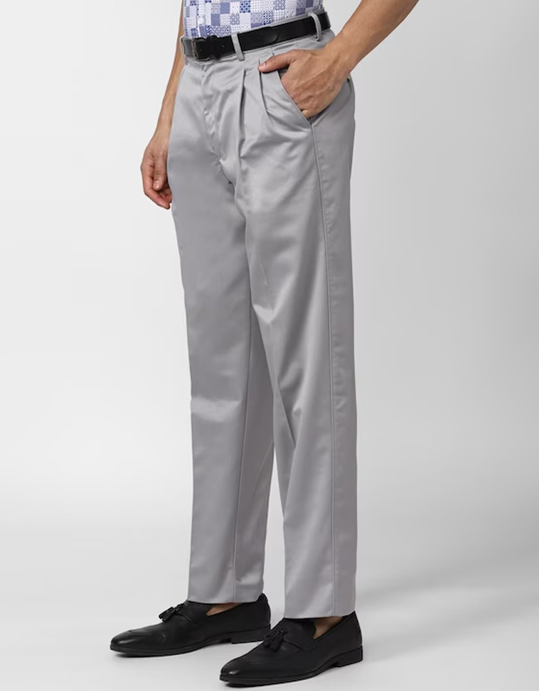 Men Solid Mid Rise Pure Cotton Pleated Formal Trousers