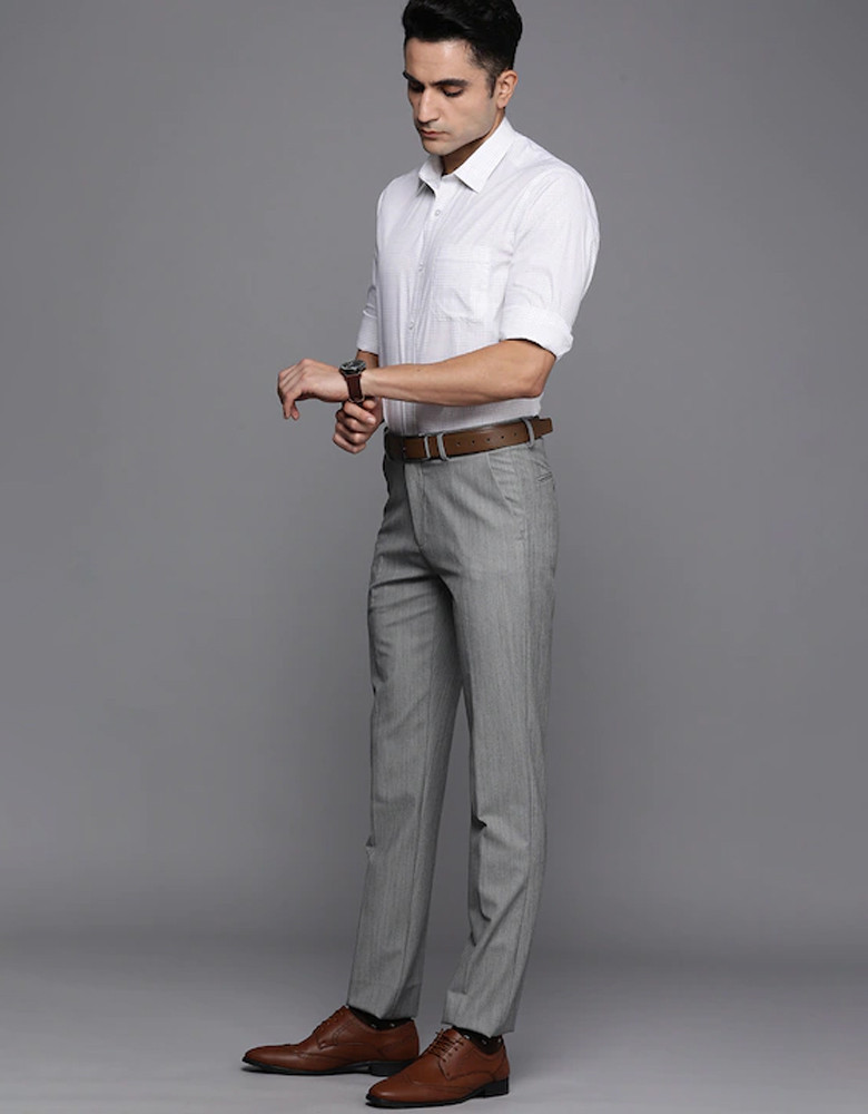 Men Grey Self Designed Slim Fit Pure Cotton Formal Trousers