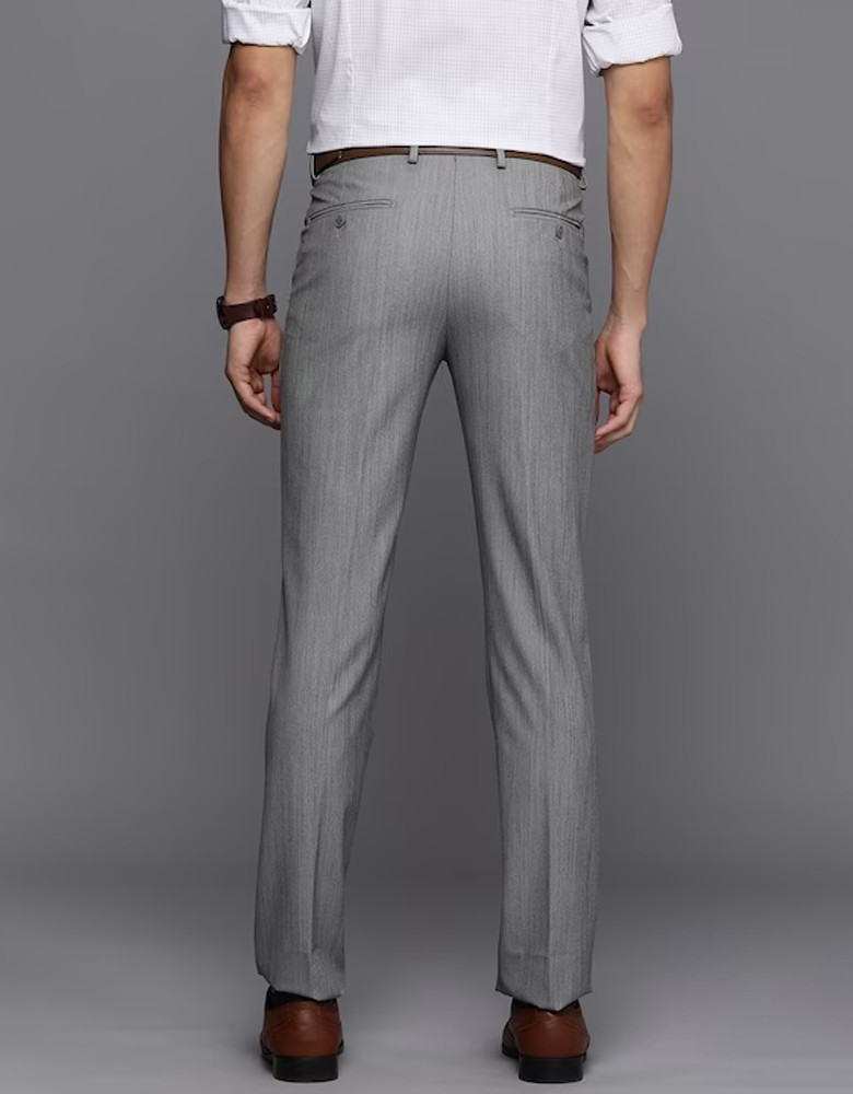 Men Grey Self Designed Slim Fit Pure Cotton Formal Trousers