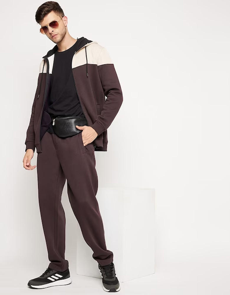 Men Coffee Brown & Cream Colored Colorblocked Fleece Tracksuit