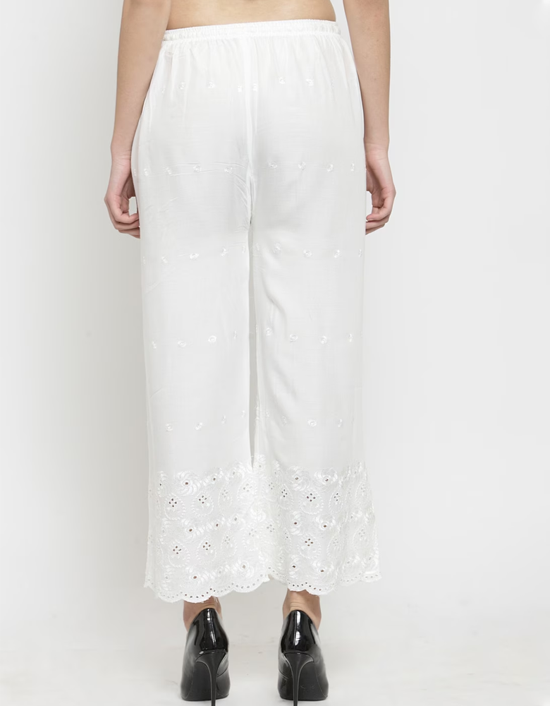 Women White Embroidered Straight Palazzos