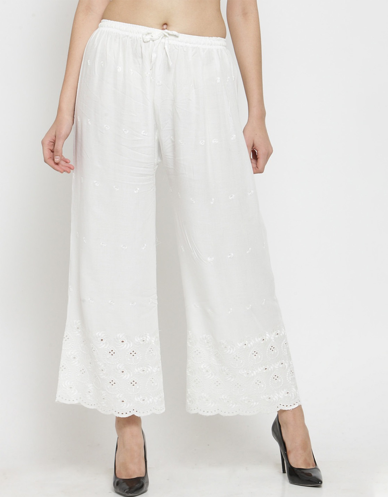 Women White Embroidered Straight Palazzos