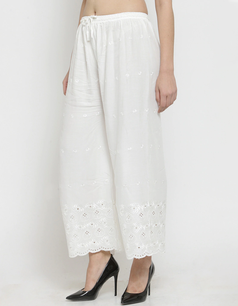 Women White Embroidered Straight Palazzos