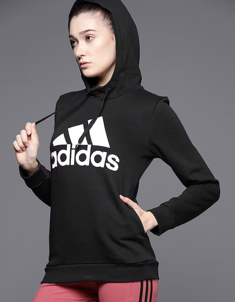 Women Black & White Brand Logo Printed Hooded Sweatshirt