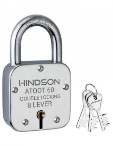 HINDSON Lock and Key Atoot 60mm with 3 Key, Atoot Steel Hardened Shackle Double Locking, 8 Lever Padlock for Door, Gate, Shutter ( Finish Silver ) (ATOOT 60 Hardened)