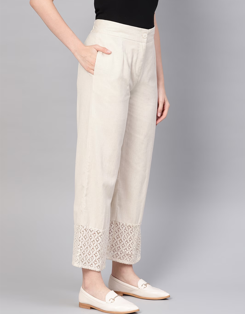 Women Off-White Solid Straight Palazzos