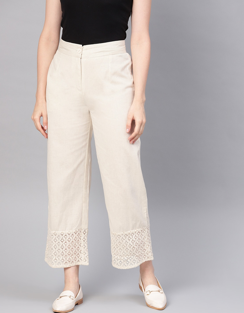 Women Off-White Solid Straight Palazzos