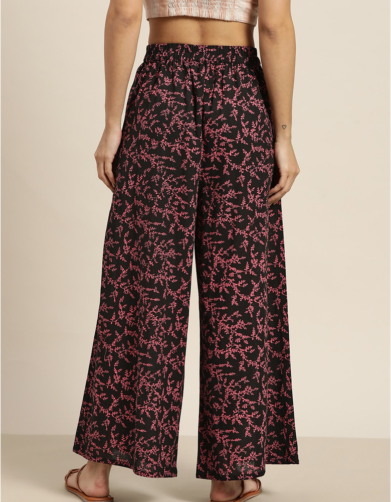 Women Black & Pink Pure Cotton Floral Printed Wide Leg Palazzos