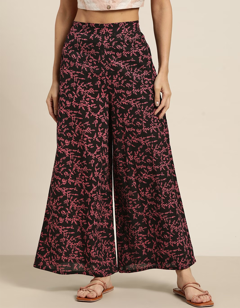 Women Black & Pink Pure Cotton Floral Printed Wide Leg Palazzos
