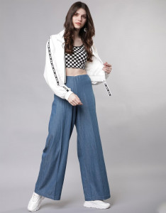 Women Blue Solid Denim Wide Leg Palazzos