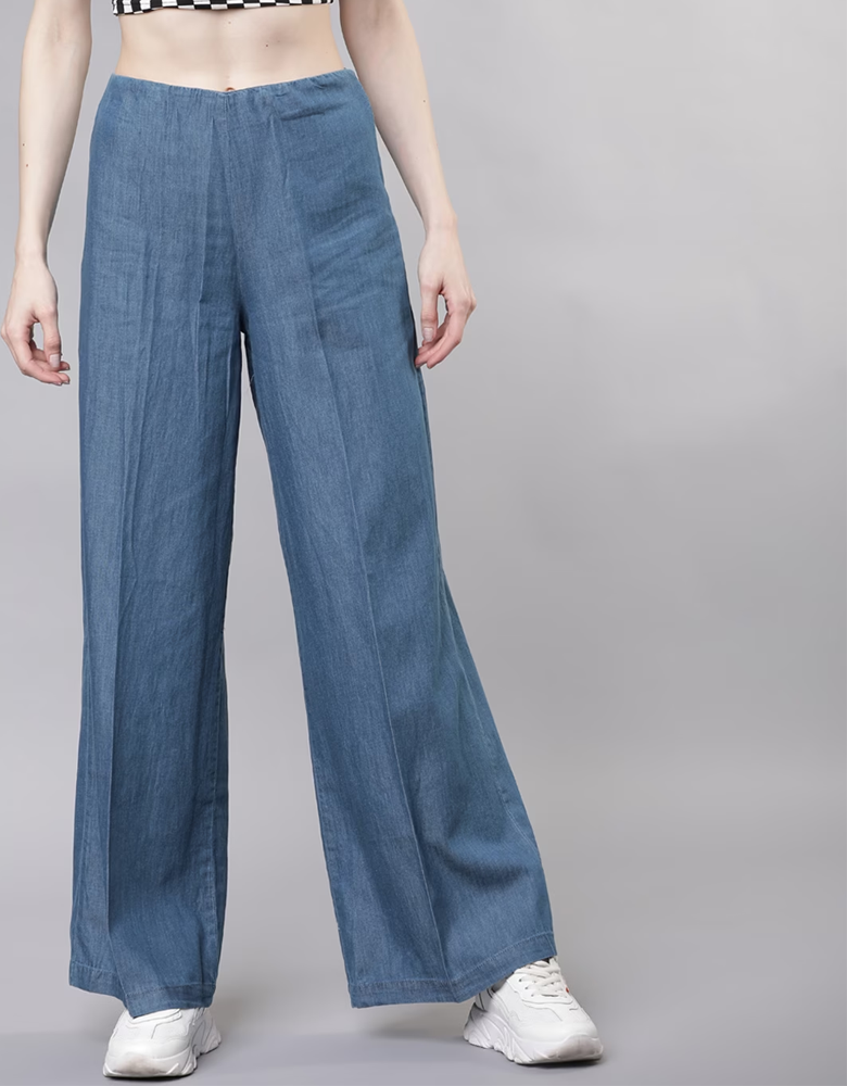 Women Blue Solid Denim Wide Leg Palazzos