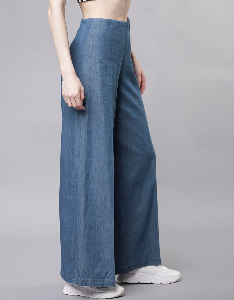 Women Blue Solid Denim Wide Leg Palazzos