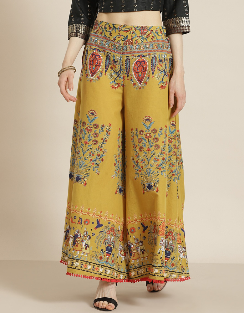 Women Mustard Yellow & Red Ethnic Motifs Printed Cotton Flared Palazzos