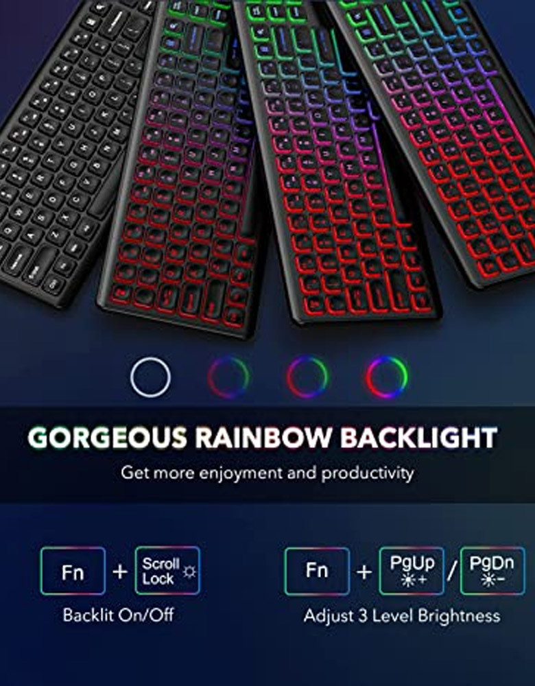 Wireless Keyboard and Mouse, Light Up Silent Keys and Tilt Legs, Rechargeable and Backlit - Full Size and Long Battery Life - USB Cordless Combo for Computer, Mac, PC, Laptop Black