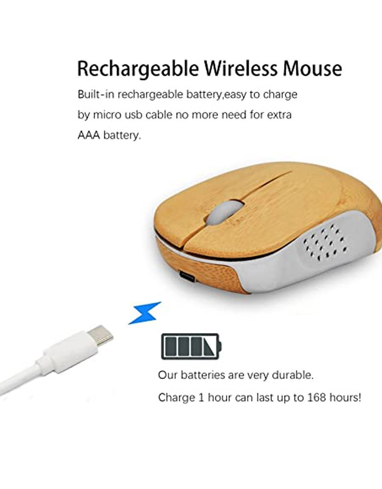 Icemouse Wireless Computer Mouse, Rechargeable Bamboo Wireless Mouse 2.4GHz Optical Silent Mouse with USB Receiver and 4 Adjustable DPIs, for Laptop