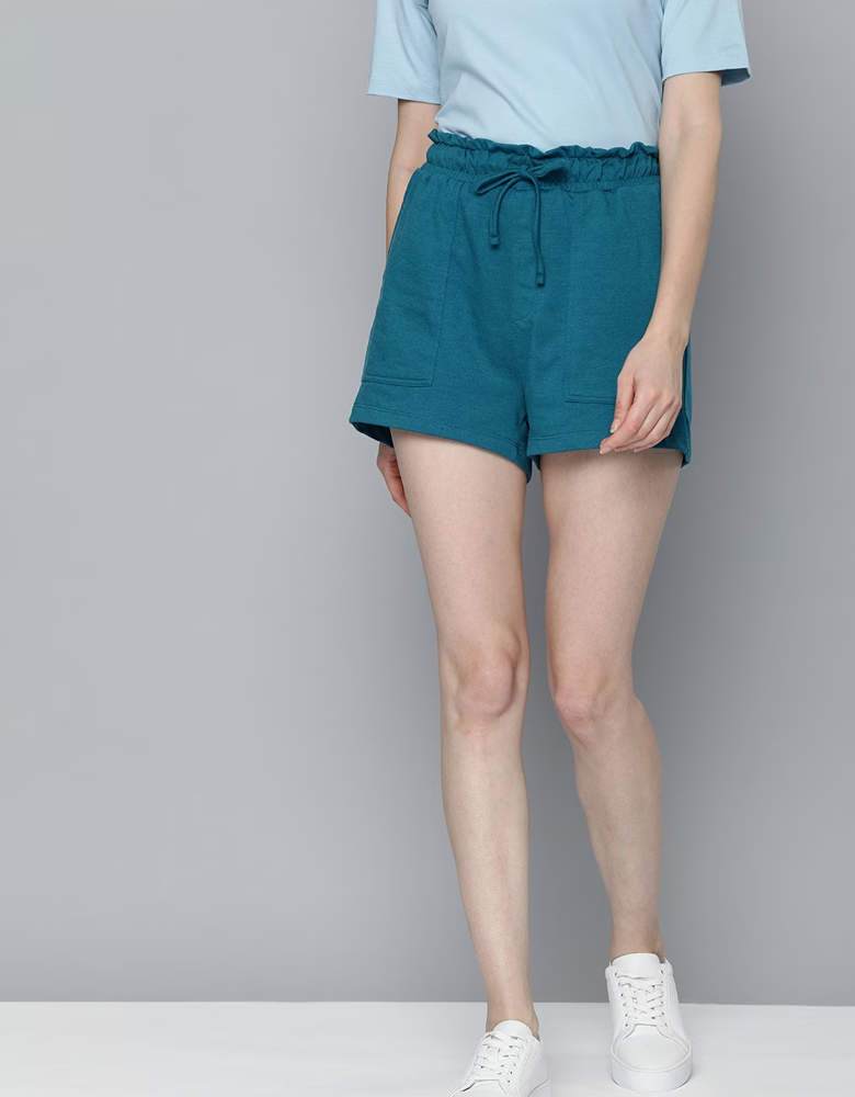 Women Teal Blue Solid Knitted Shorts