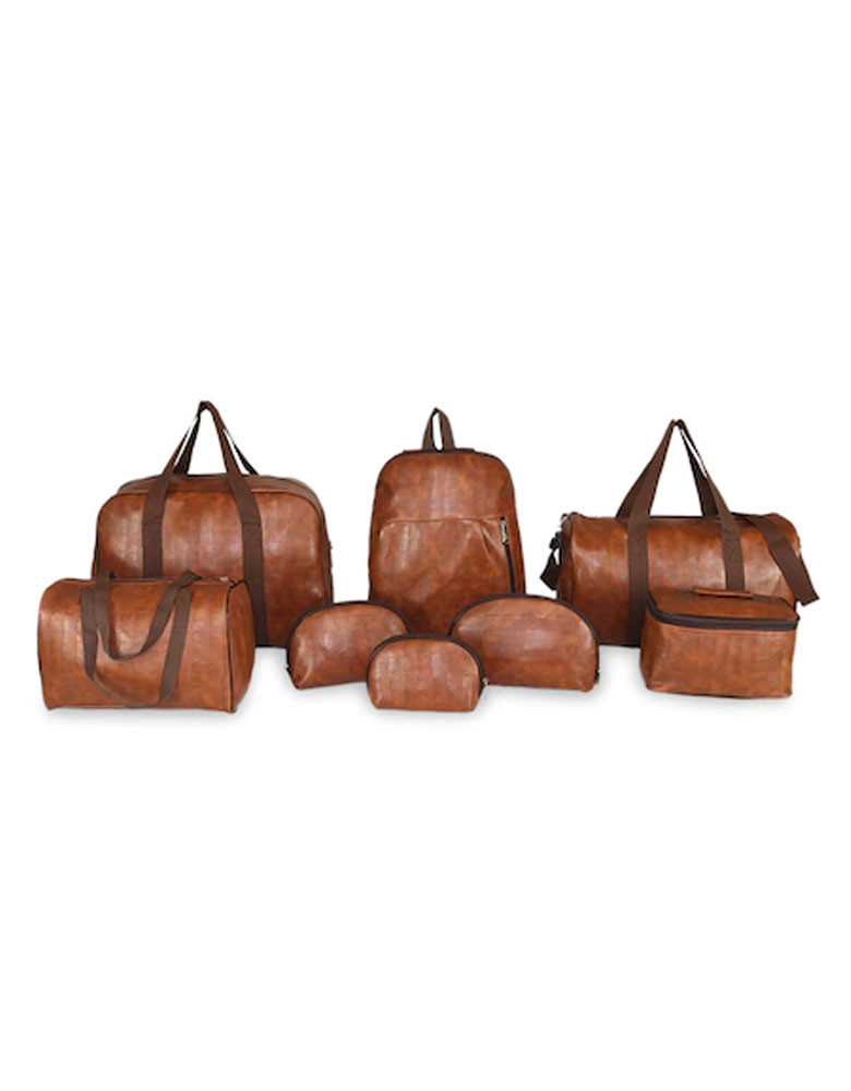 Pack Of 8 Tan Coloured Solid Faux Leather Travel Accessories Combo