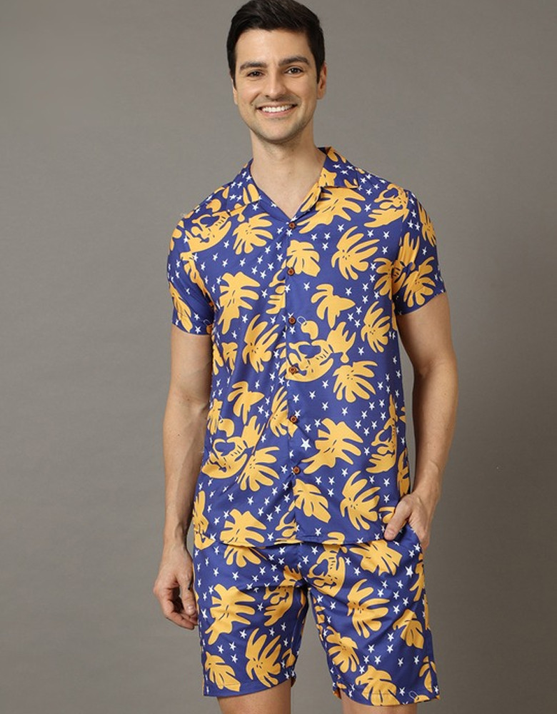 Men Blue & Yellow Printed Nightsuit