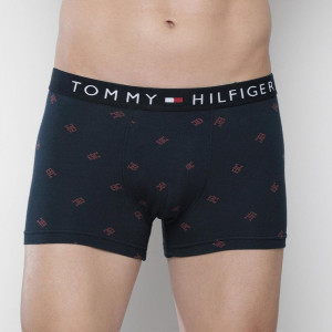 Men Navy Blue & Red Brand Logo Print Low-Rise Short Trunk