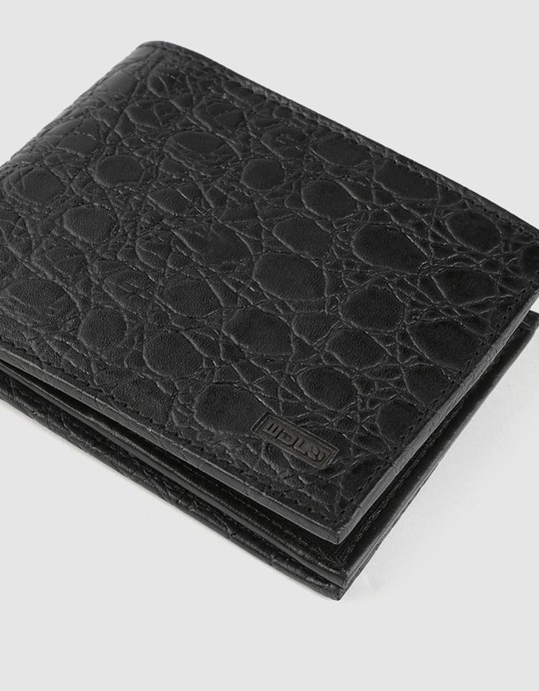 Men Black Croc Textured Leather Two Fold Wallet