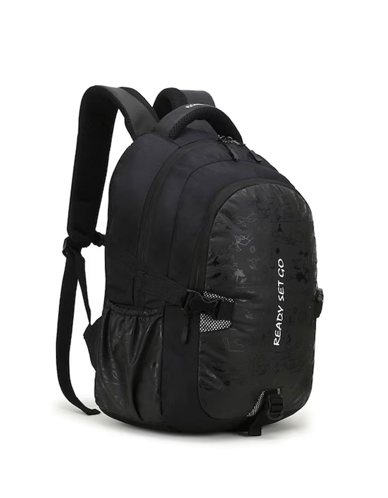 Black & White Typography Backpack with Compression Straps