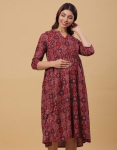 Maroon Floral Maternity Empire Midi Dress