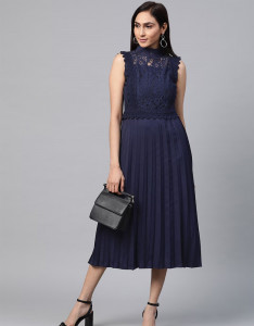 Women Navy Blue Lace Detail Accordion Pleated A-Line Dress
