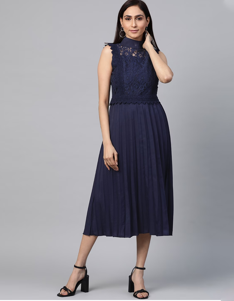 Women Navy Blue Lace Detail Accordion Pleated A-Line Dress