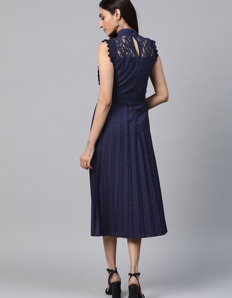 Women Navy Blue Lace Detail Accordion Pleated A-Line Dress