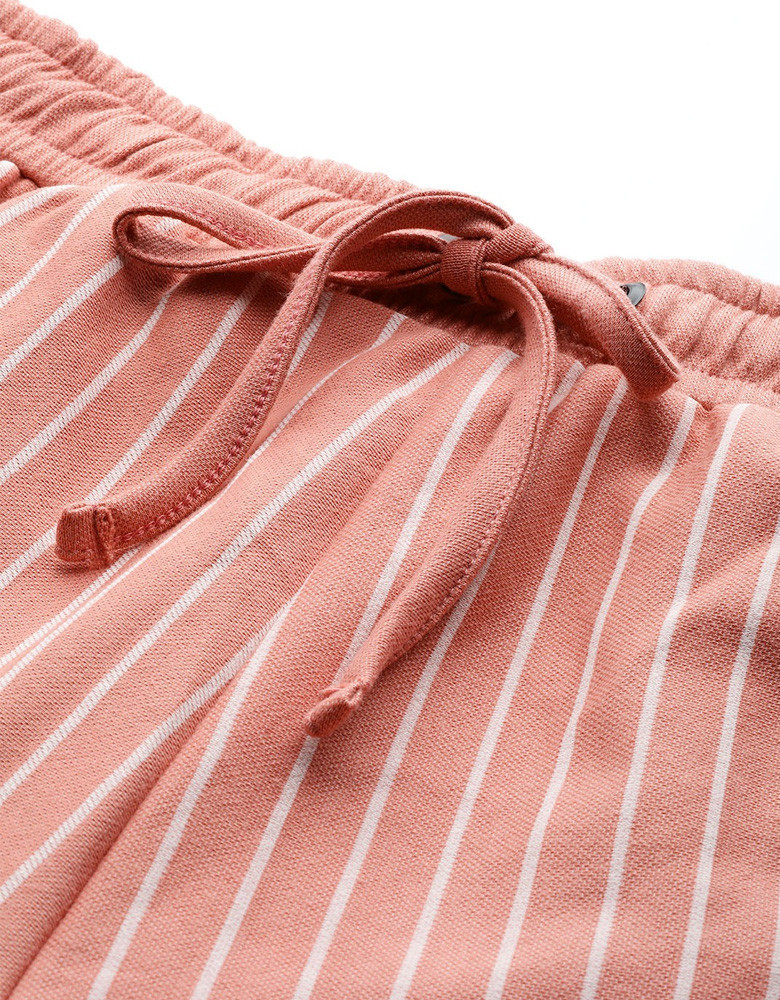 Women Peach-Coloured & White Striped Cotton Regular Shorts