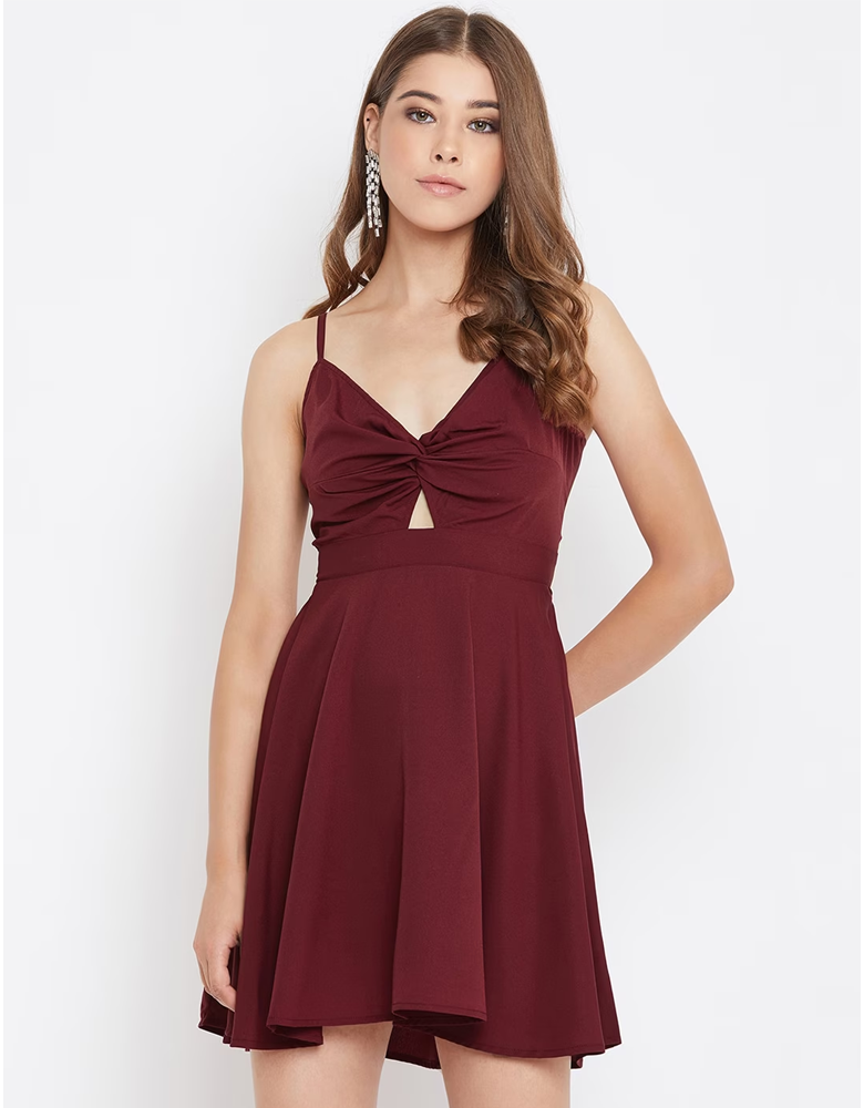 Women Maroon Solid Fit and Flare Dress
