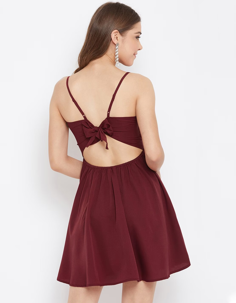 Women Maroon Solid Fit and Flare Dress