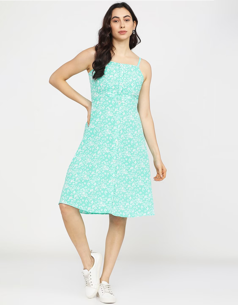 Women Turquoise Blue & White Floral Printed Crepe Dress