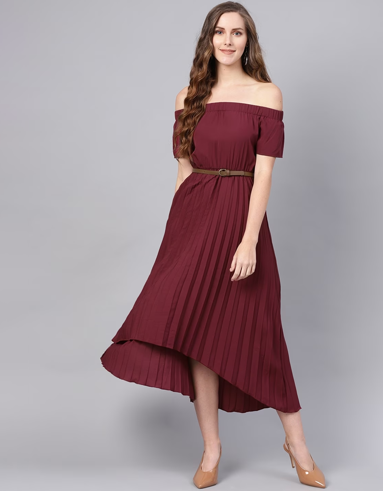 Maroon Accordion Pleats A-Line Dress