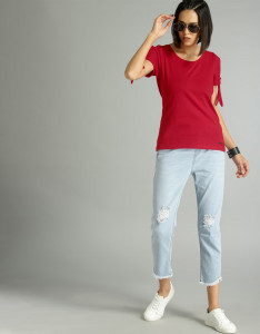 Women Red Solid Pure Cotton Top