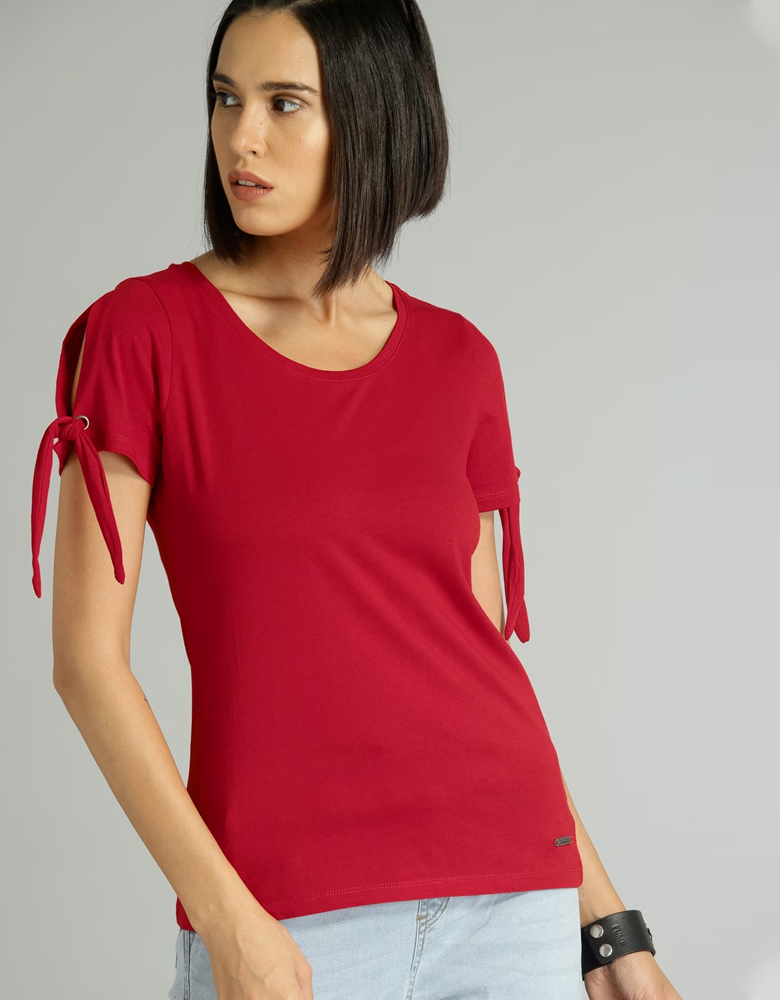 Women Red Solid Pure Cotton Top