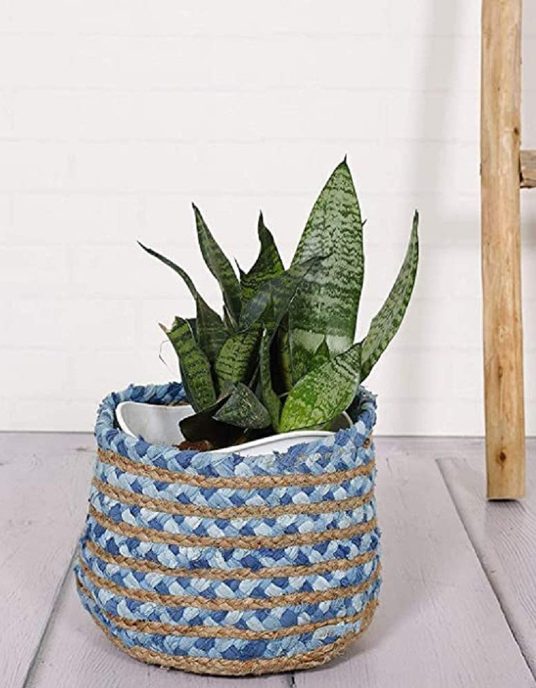 Home Beautiful Decor Jute & Chindi Basket, Handcrafted Woven Storage Planter Basket for Home Dé0cor, Multi-Purpose Bag for Living Room Bathroom Office 10x12 Inch (Jute Denim Basket)