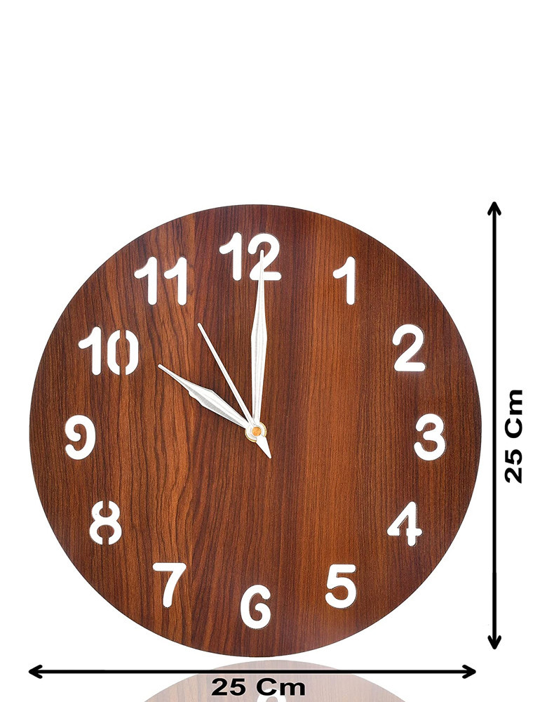 Wooden Simple Numerical Round Shaped Wall Clock for Home Décor Size 25 x 25 CM (Brown)