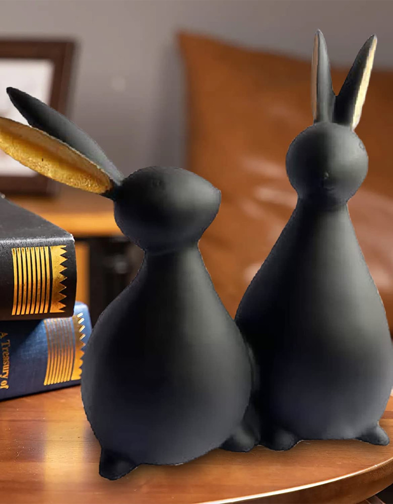 Attractive Design Ceramic Rabbit Couple Figurines Idol for Home Decoration (Matte Black)