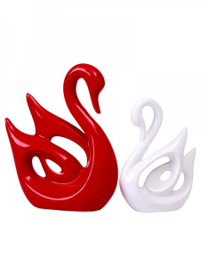 Lucky Swan Couple Piano Finish Ceramic Figures for Home Decor (Set of 2 Pc, Large, White Red)