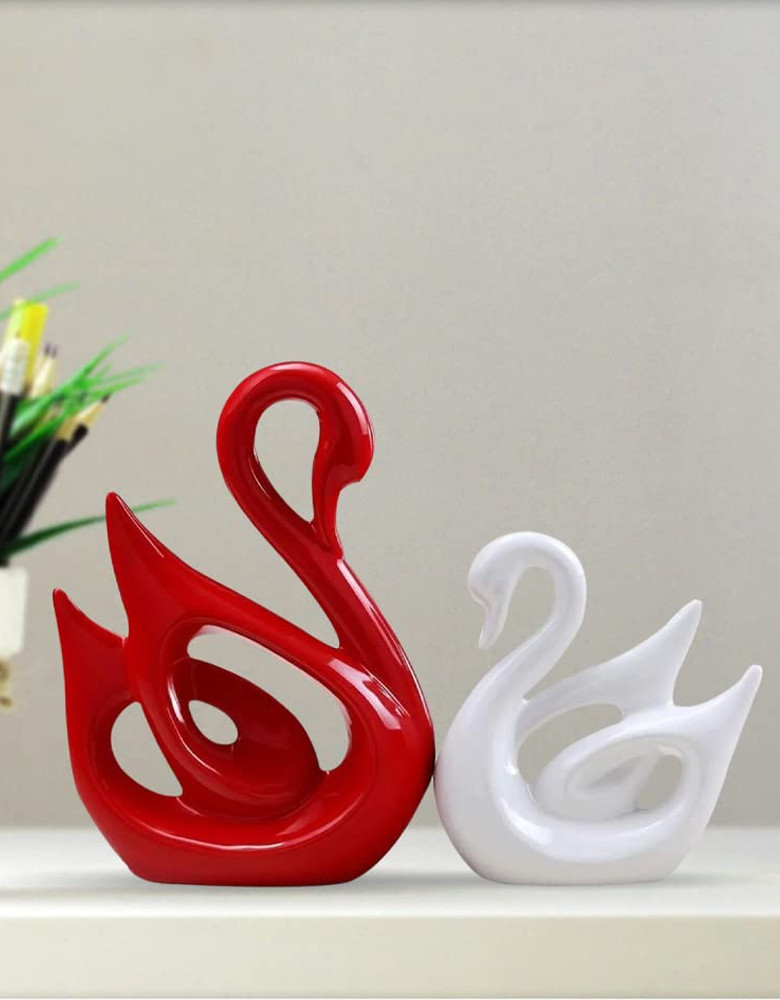 Lucky Swan Couple Piano Finish Ceramic Figures for Home Decor (Set of 2 Pc, Large, White Red)