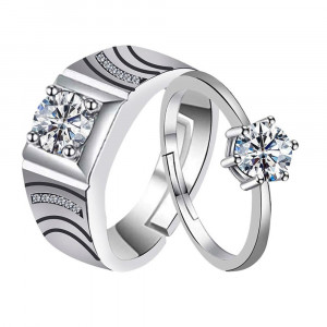 Set Of 2 Silver-Plated White CZ-Studded Couple Adjustable Finger Rings
