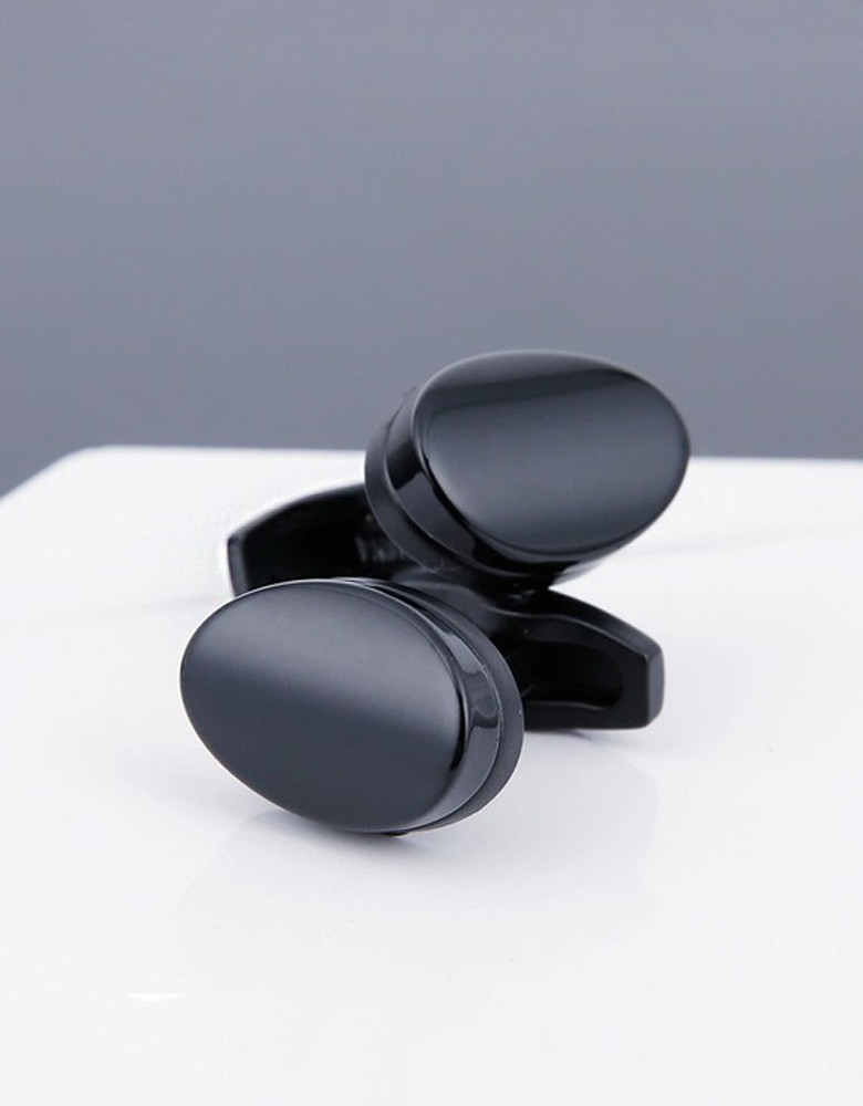 Men Black Solid Oval-Shaped Cufflinks
