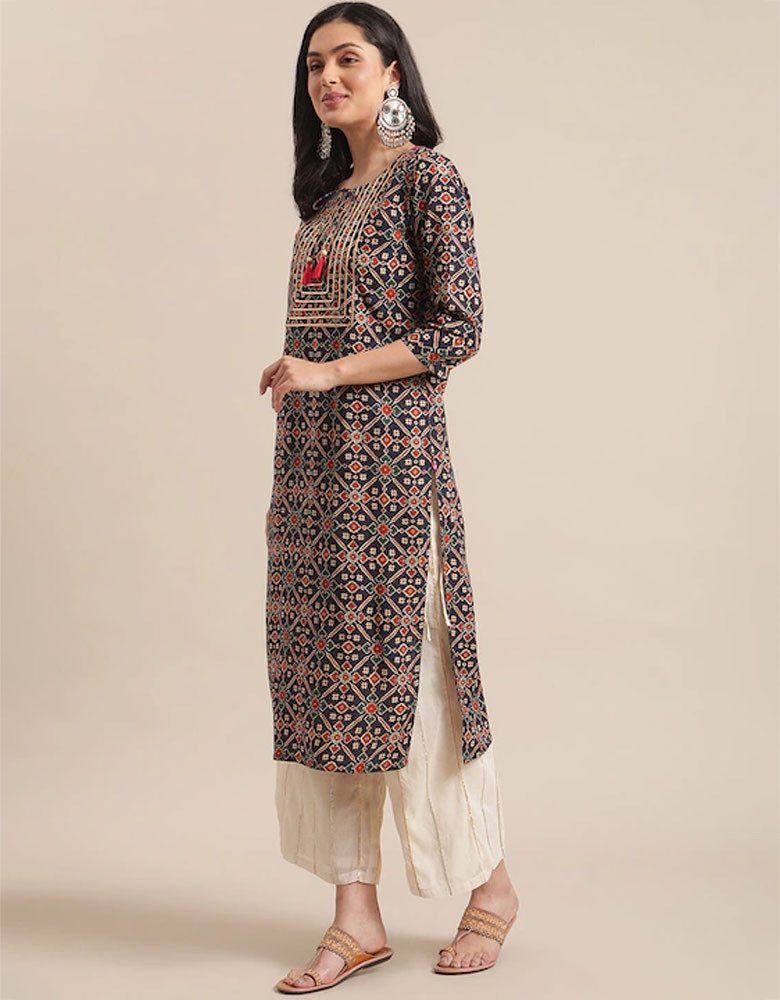 Women Navy Blue & Beige Ethnic Motifs Printed Keyhole Neck Gotta Patti Kurta